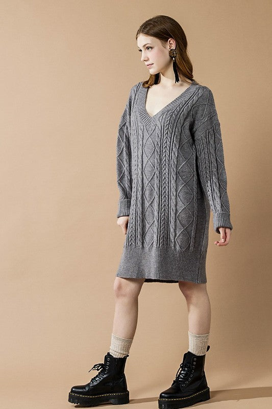Plus V-Neck Ribbed Hem Cable Knit Sweater Dress for Women | Bellem Trading - Bellem Trading