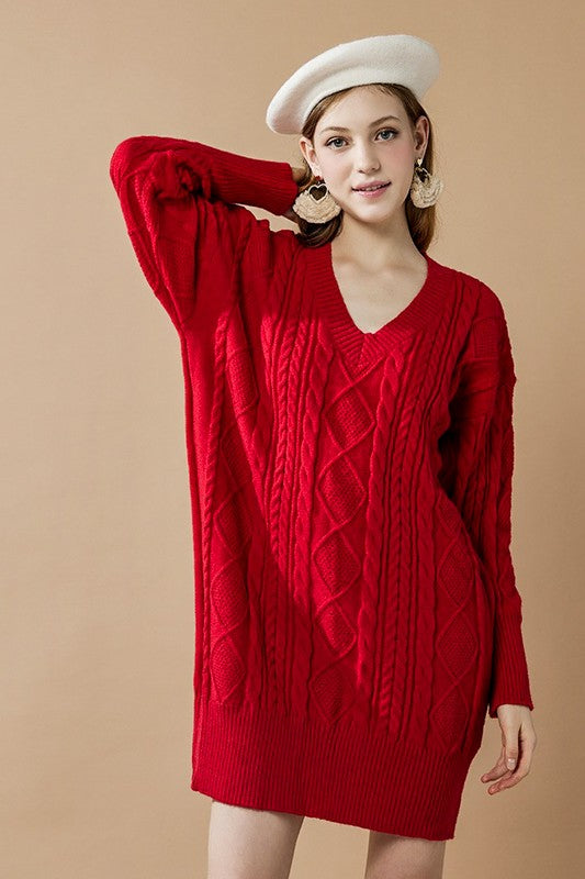 Plus V-Neck Ribbed Hem Cable Knit Sweater Dress for Women | Bellem Trading - Bellem Trading