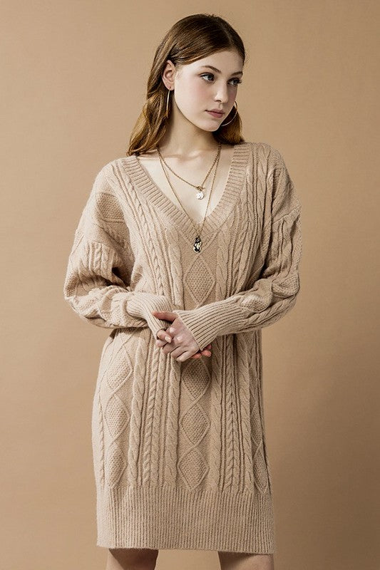 Plus V-Neck Ribbed Hem Cable Knit Sweater Dress for Women | Bellem Trading - Bellem Trading