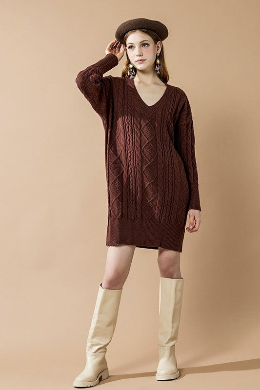 Plus V-Neck Ribbed Hem Cable Knit Sweater Dress for Women | Bellem Trading - Bellem Trading
