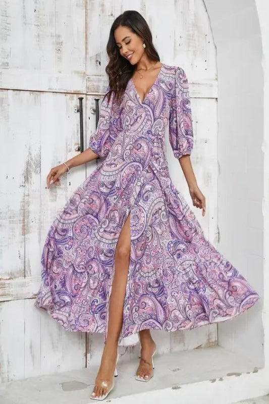 Elegant Floral Paisley Maxi Dress with Slit for Women | Bellem Trading - Bellem Trading
