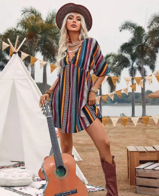 Striped V Neck Mini Dress for Women | Bellem Trading - Bellem Trading