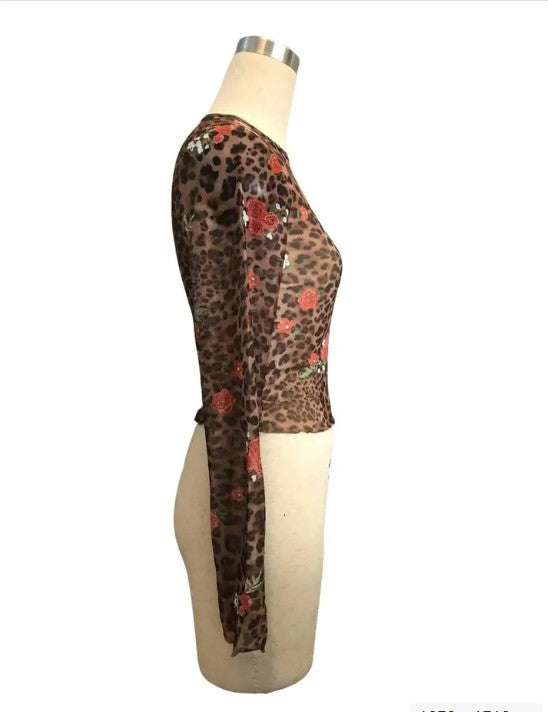 Cropped Mesh Ruffle Hem Floral Leopard Top | Bellem Trading - Bellem Trading