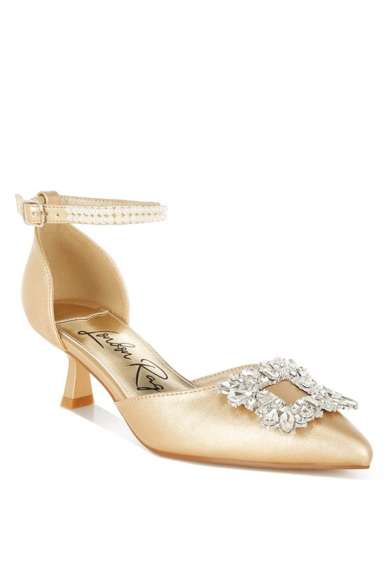 Onkana Diamante Brooch Kitten Heel Sandals for Women | Bellem Trading - Bellem Trading