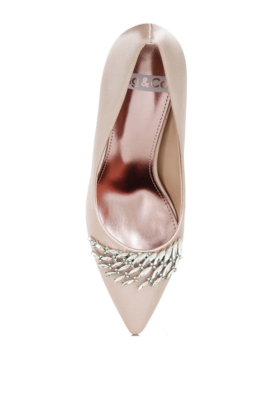 Rhodolia Diamante Brooch Satin Pumps for Women | Bellem Trading - Bellem Trading