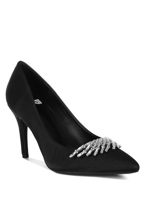 Rhodolia Diamante Brooch Satin Pumps for Women | Bellem Trading - Bellem Trading
