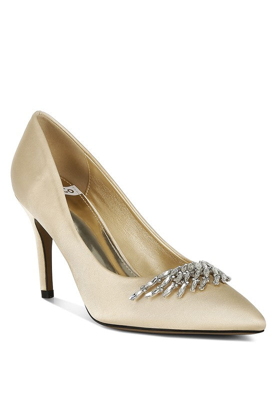 Rhodolia Diamante Brooch Satin Pumps for Women | Bellem Trading - Bellem Trading