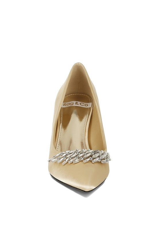 Rhodolia Diamante Brooch Satin Pumps for Women | Bellem Trading - Bellem Trading