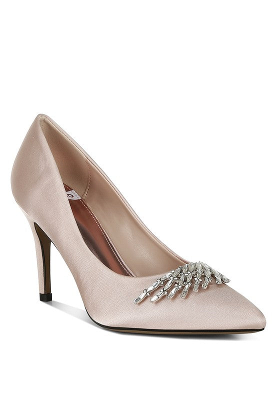 Rhodolia Diamante Brooch Satin Pumps for Women | Bellem Trading - Bellem Trading