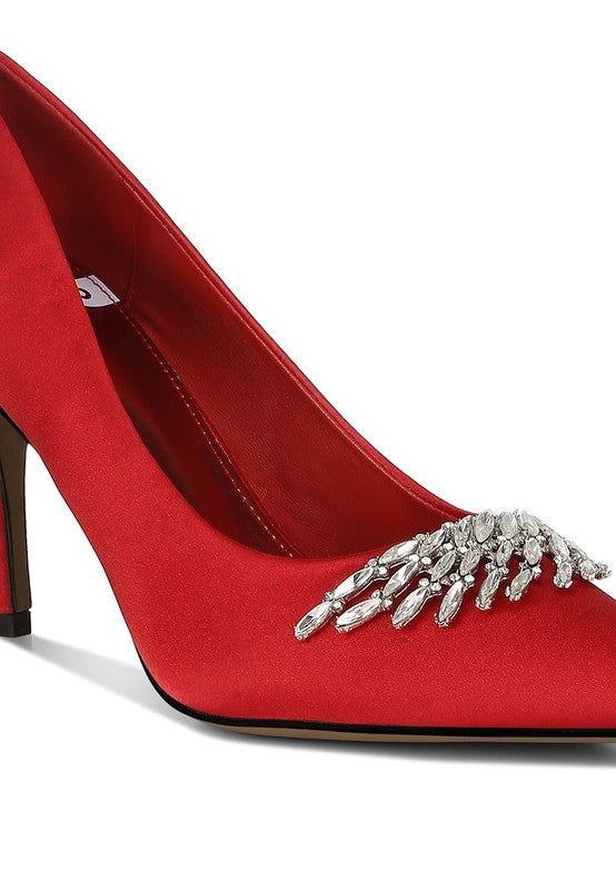 Rhodolia Diamante Brooch Satin Pumps for Women | Bellem Trading - Bellem Trading