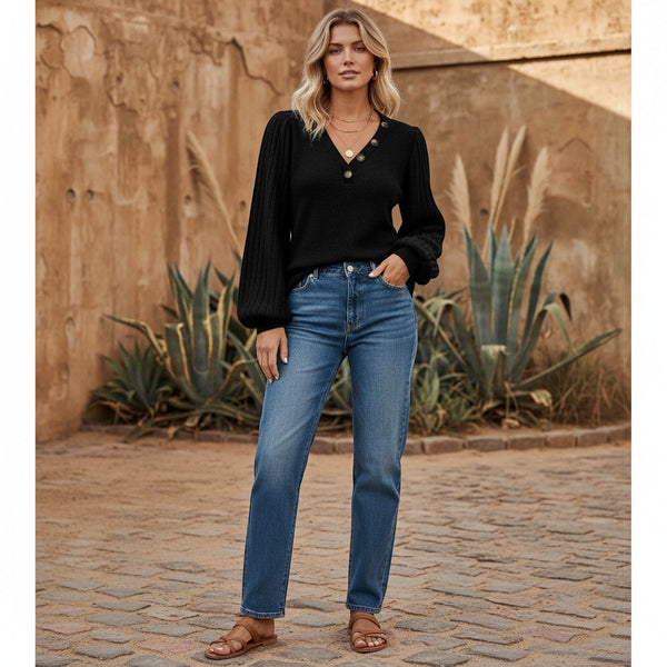 Bellem Trading black knit V-neck blouse with button detail and structured sleeves.