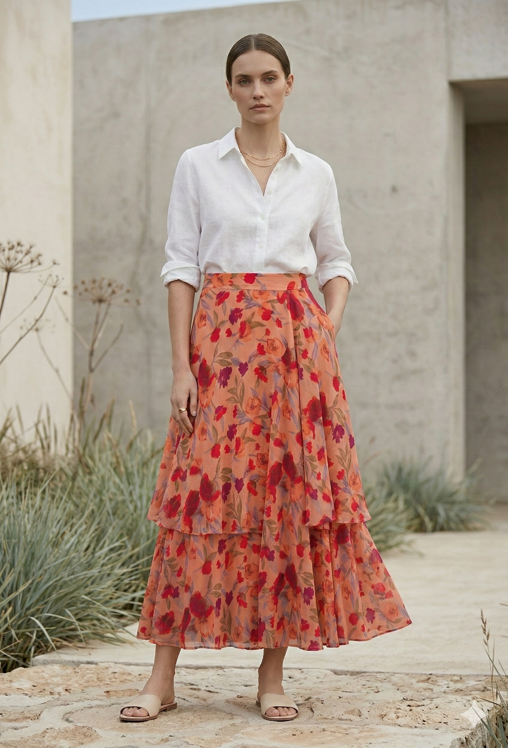 Model wearing a floral maxi skirt from Bellem Trading