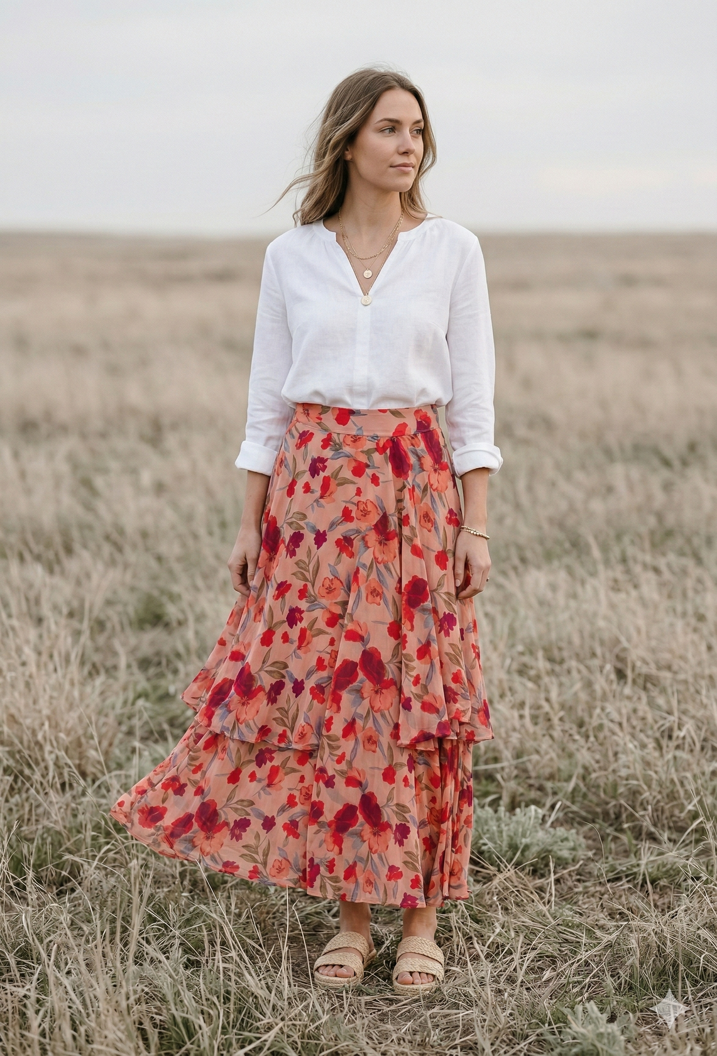 Model wearing a floral maxi skirt from Bellem Trading