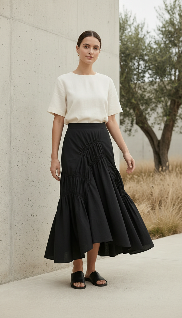 The Noir Ruffle Midi | Architectural Layered Luxury