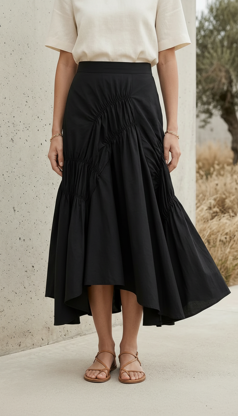 The Noir Ruffle Midi | Architectural Layered Luxury