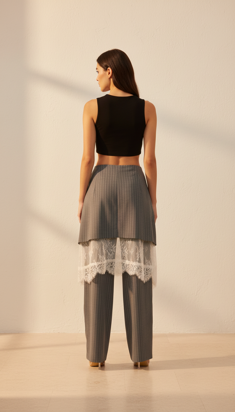 The Atelier Pinstripe | Lace-Layered Editorial Trouser
