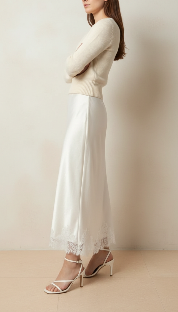 The Seraphina Satin Midi | Lace-Hemmed Luxury