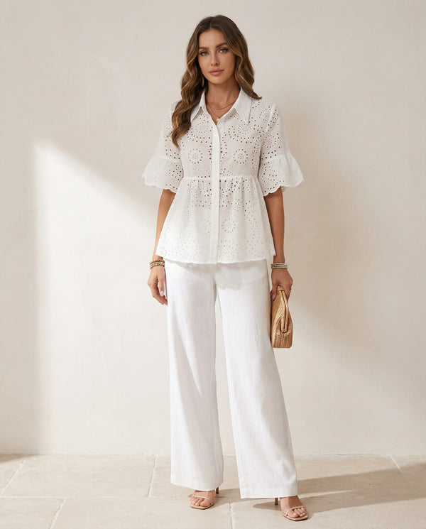 The Amara Eyelet Blouse | Crisp Cotton-Blend Luxury Top