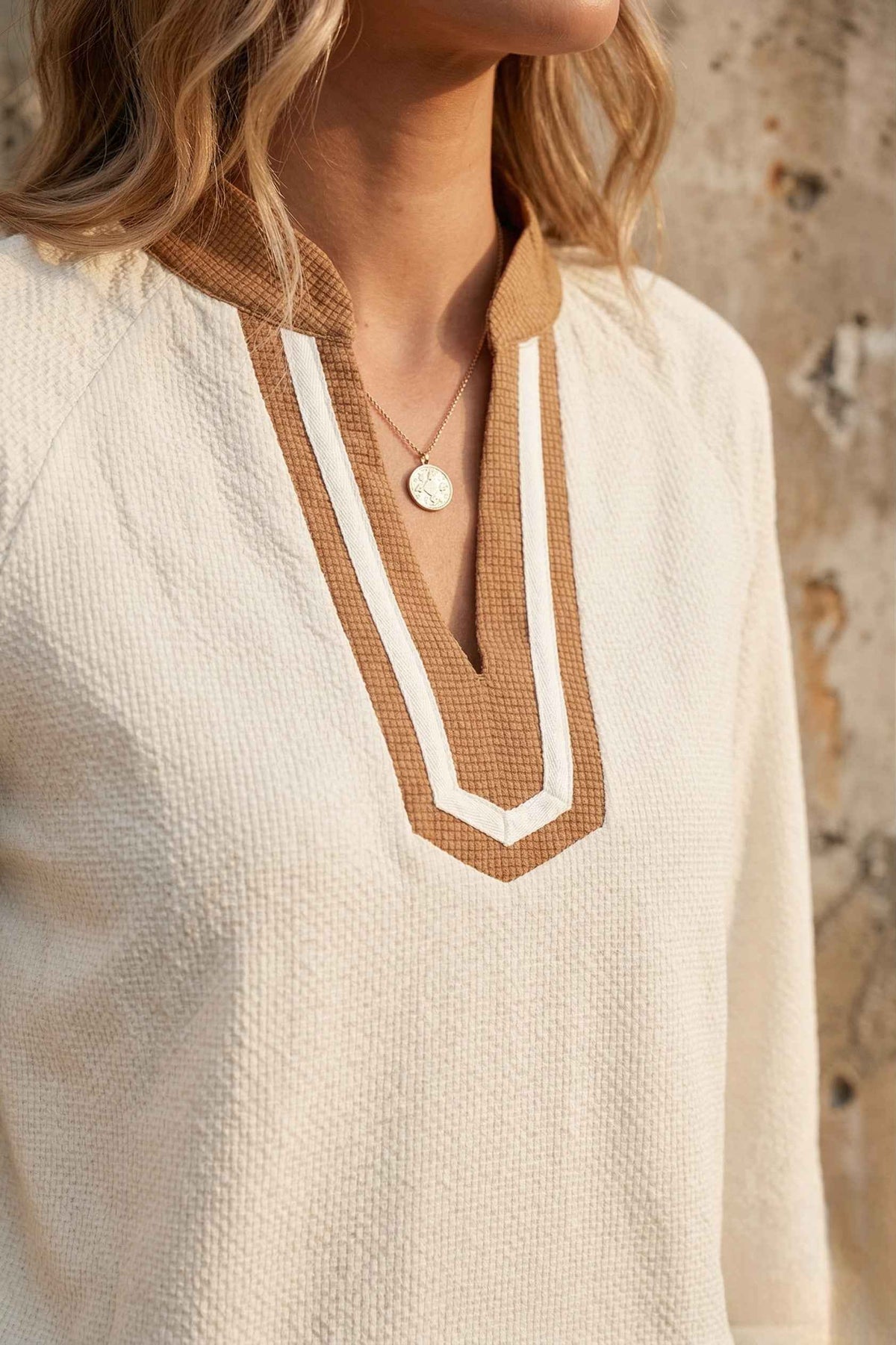 The Maren Blouse | Contrast Trim Waffle Knit Top