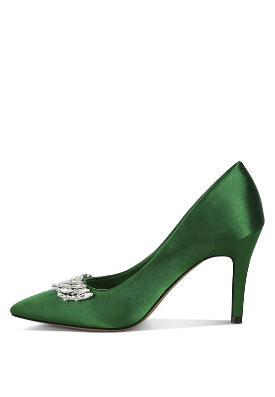 Rhodolia Diamante Brooch Satin Pumps for Women | Bellem Trading - Bellem Trading