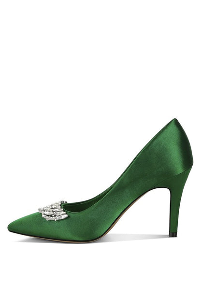 Rhodolia Diamante Brooch Satin Pumps for Women | Bellem Trading - Bellem Trading