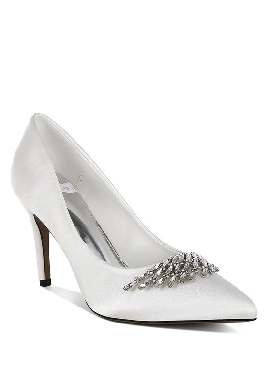 Rhodolia Diamante Brooch Satin Pumps for Women | Bellem Trading - Bellem Trading