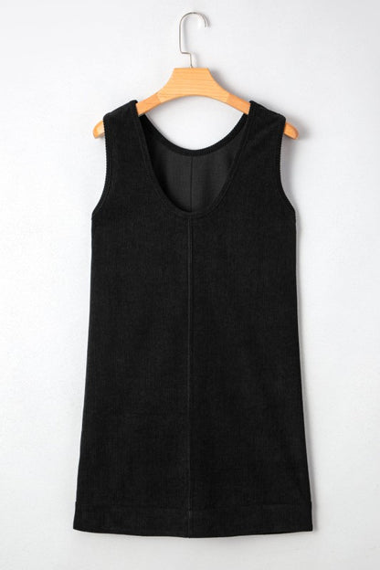 Black corduroy sleeveless mini dress with vintage patch pockets, Bellem Trading women’s fall fashion