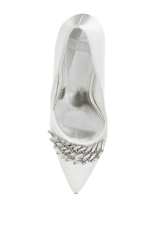 Rhodolia Diamante Brooch Satin Pumps for Women | Bellem Trading - Bellem Trading