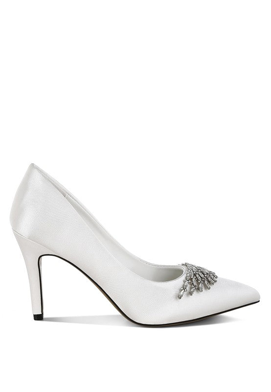 Rhodolia Diamante Brooch Satin Pumps for Women | Bellem Trading - Bellem Trading