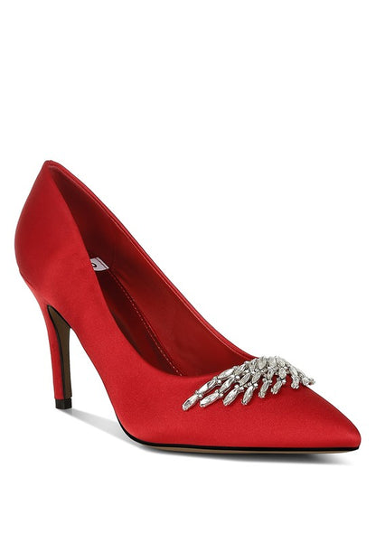 Rhodolia Diamante Brooch Satin Pumps for Women | Bellem Trading - Bellem Trading