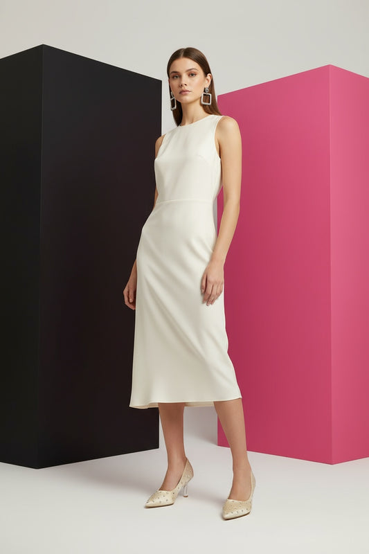 Woman in a white dress standing between two colorful geometric blocks.