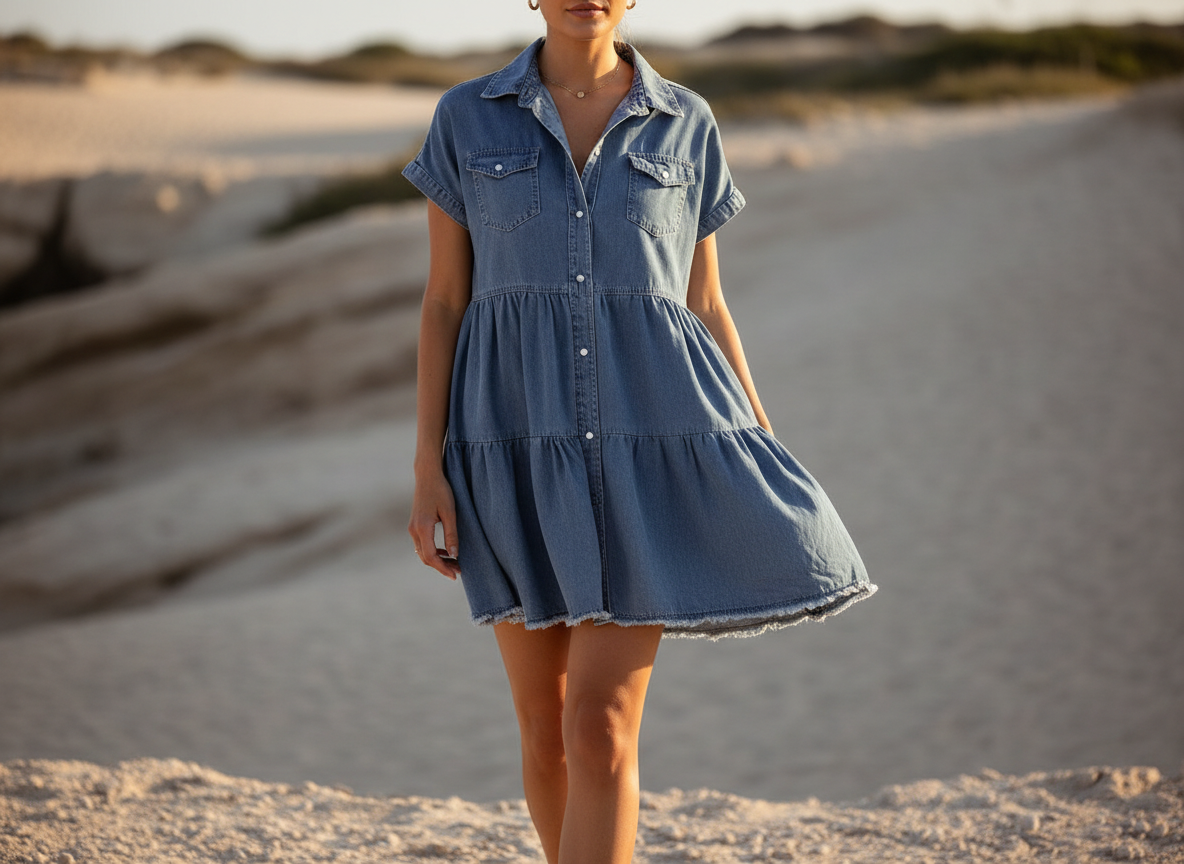 The Curator Denim Midi | Structured Tiered Staple