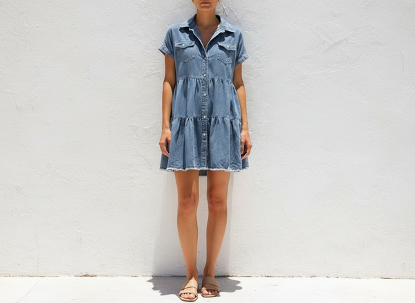 The Curator Denim Midi | Structured Tiered Staple
