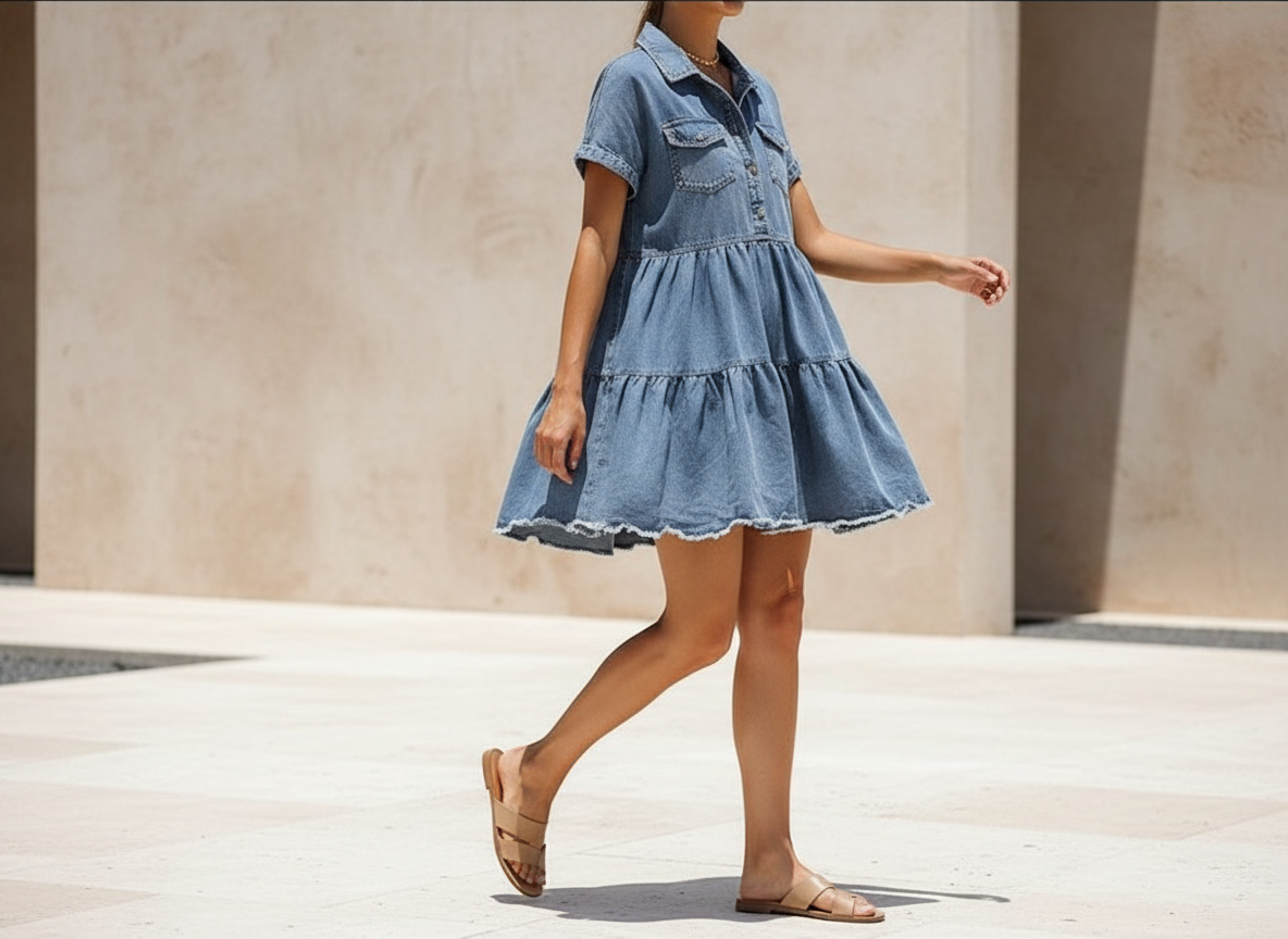 The Curator Denim Midi | Structured Tiered Staple